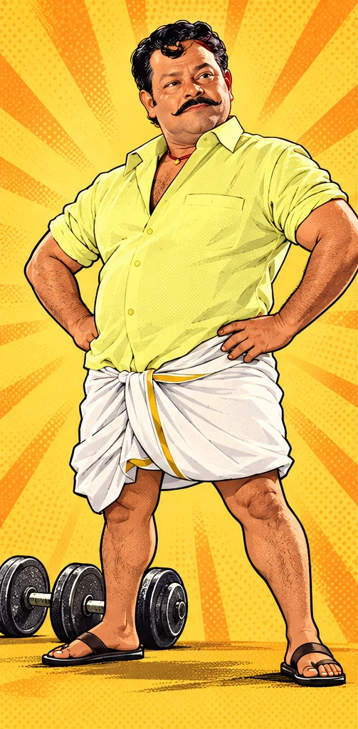 Caricature of Ponjikkara with his signature moustache, yellow shirt and white gold-bordered mundu