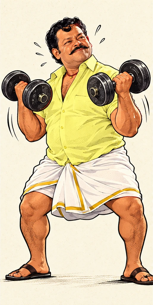 Ponjikkara lifting dumbbells in his yellow shirt and mundu